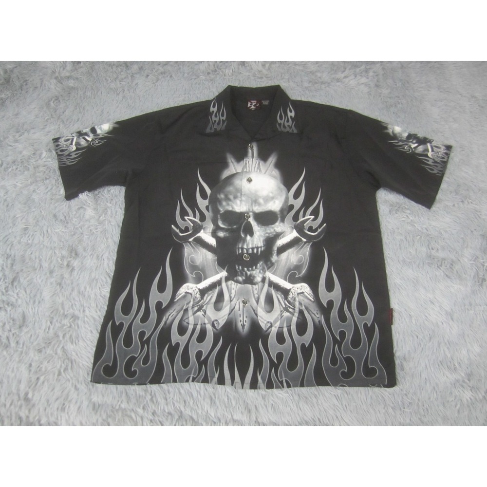 Dragonfly Shirt Mens XL Black Skull Flames Mechanic Wrench Button‎ Front Graphic